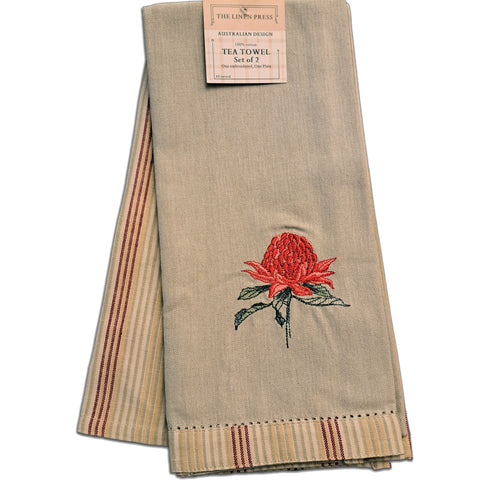 Warratah Tea Towel - Embroidered Organic Cotton (Set of 2)