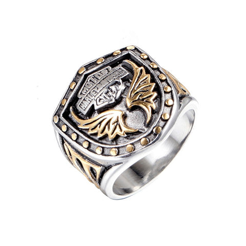 Men's Stainless Wings Gold Trim Motor Cycle Ring