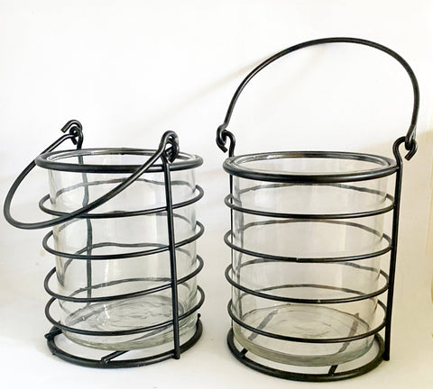 Candle holder Lantern - Glass and Black Metal